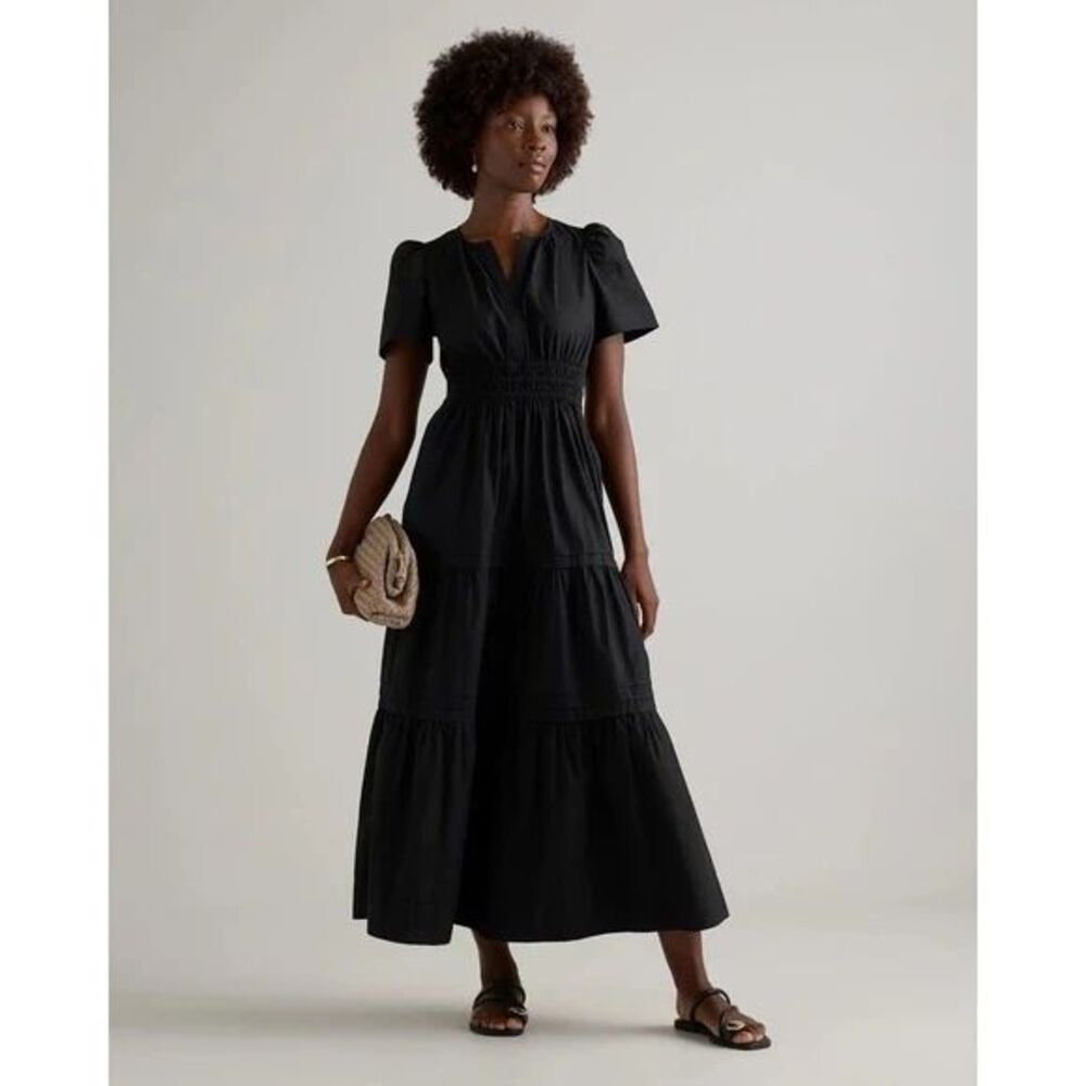 Quince Women’s S 100% Organic Cotton Poplin Tiered Maxi Dress Black Pockets
